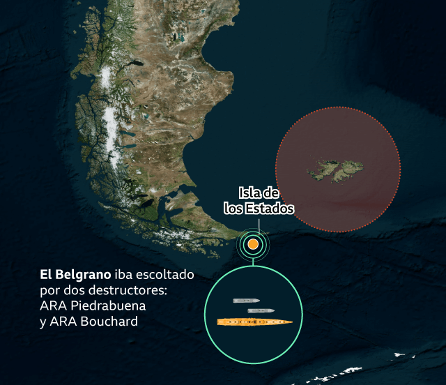 Mapa mostrando el Belgrano siendo escoltado por los destructores ARA Piedrabuena y ARA Bouchard