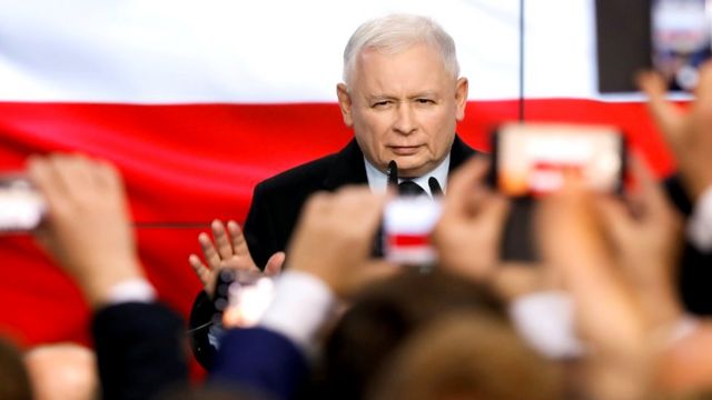 Leader of Poland's ruling Law and Justice (PiS) party, Jaroslaw Kaczynski, speaks after election exit poll results are announced in Warsaw, Poland, 13 October 2019