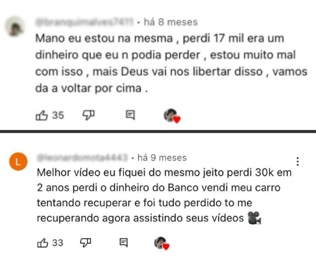 Print de página do YouTube mostra comentários relatando histórias de vício em aposta