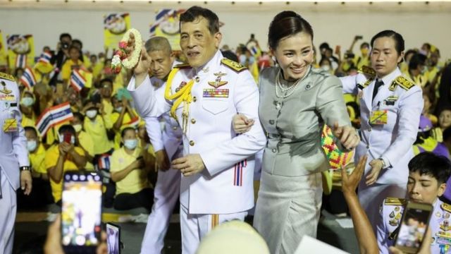 Thailand"s King Maha Vajiralongkorn and Queen Suthida greet royalists, at The Grand Palace in Bangkok, Thailand, November 1, 2020
