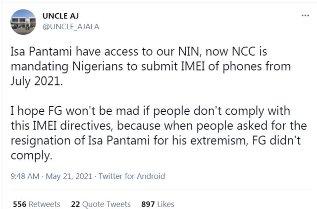reaction to Nigeria goment order for pipo to link dia IMEI to dia SIM