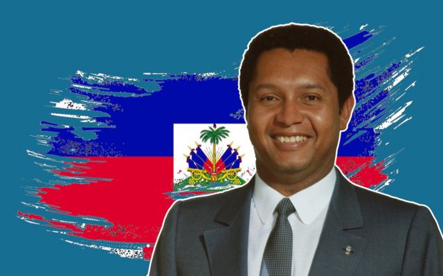 Image of Jean-Claude Duvalier over a treated flag of Haiti