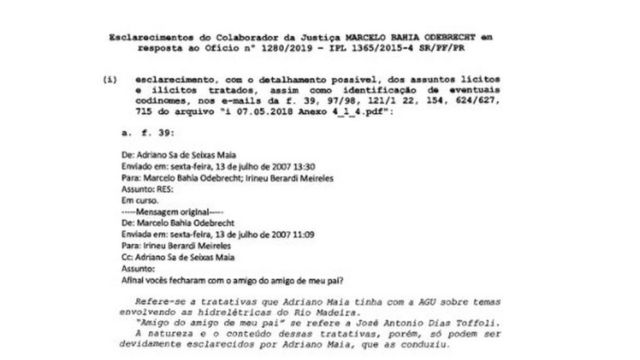 Trecho do documento em que Marcelo Odebrecht cita Dias Toffoli retirado dos autos da Lava Jato