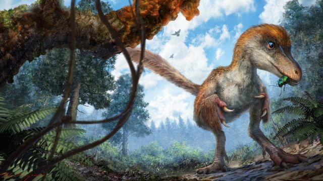 Ilustración del dinosaurio cuya cola fue hallada en ámbar