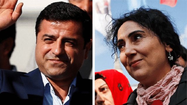 (बाएं) सेलाहतीन देमिरताश और दाएं फ़िगेन युकसेकदग के साथ ही उनकी पार्टी के अन्य नेताओं को हिरासत में लिया गया है.
