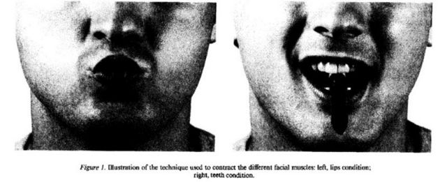 Imagem do estudo que mostra contrações faciais de pessoas com caneta na boca
