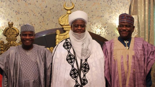 Sokoto Governor Aminu Waziri Tambuwal (L) with Sultan Abubakar Saad III (C) and Rivers Governor Nelson Wike (R)