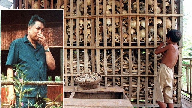 Foto de Pol Pot insertada en foto de calaveras de las víctimas del régimen.