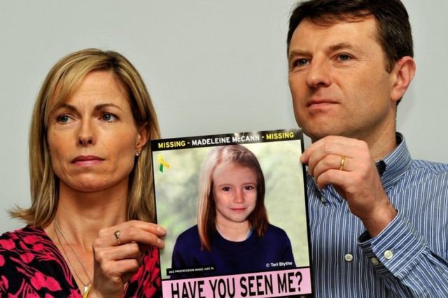 Gerry and Kate McCann at a press conference in London where they hold an image of what Madeline might look like as an older girl