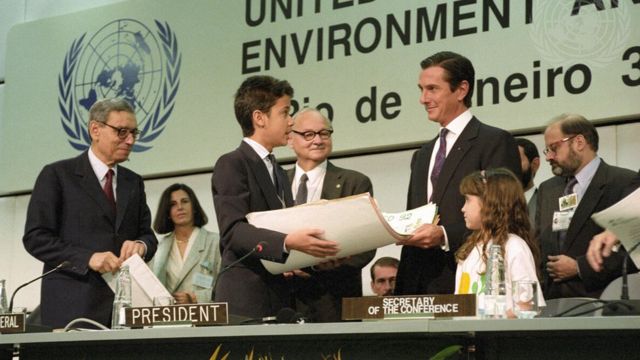 O presidente do Brasil Fernando Collor de Mello na cerimônia de abertura da Rio-92