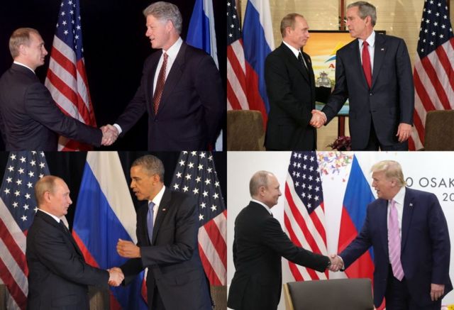 Putin com Clinton, Bush, Obama e Trump
