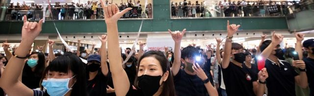 Anti-government protesters in a mall in Hong Kong in October