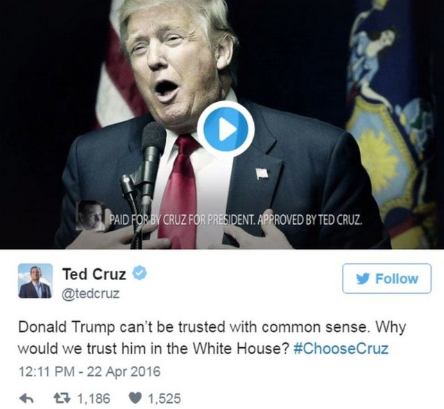 Tuit de Ted Cruz en abril de 2016 diciendo: "No podemos confiar que Donald Trump tenga sentido común. ¿Por qué confiaríamos de él en la Casa Blanca?"