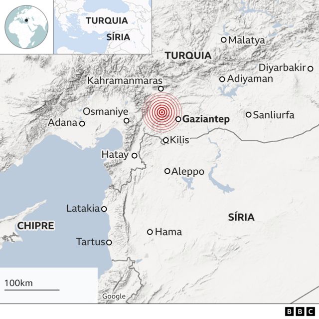 Mapa do terremoto na Turquia e Síria