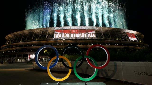 A general view outside the stadium as fireworks are let off during the Opening Ceremony of the Tokyo 2020 Olympic Games at Olympic Stadium on July 23, 2021 in Tokyo, Japan.