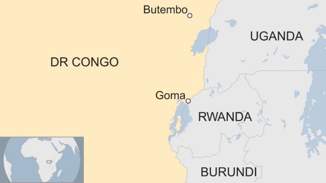 Ikarita yerekana i Butembo na Goma muri DR Congo, ni hafi ya Uganda n'u Rwanda, Uganda