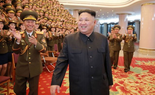 This picture taken on 22 February 2017 and released by North Korea"s official Korean Central News Agency (KCNA) on February 23 shows North Korean leader Kim Jong-Un (C) visiting the People's Theatre to mark the 70th anniversary of the founding of the State Merited Chorus in Pyongyang