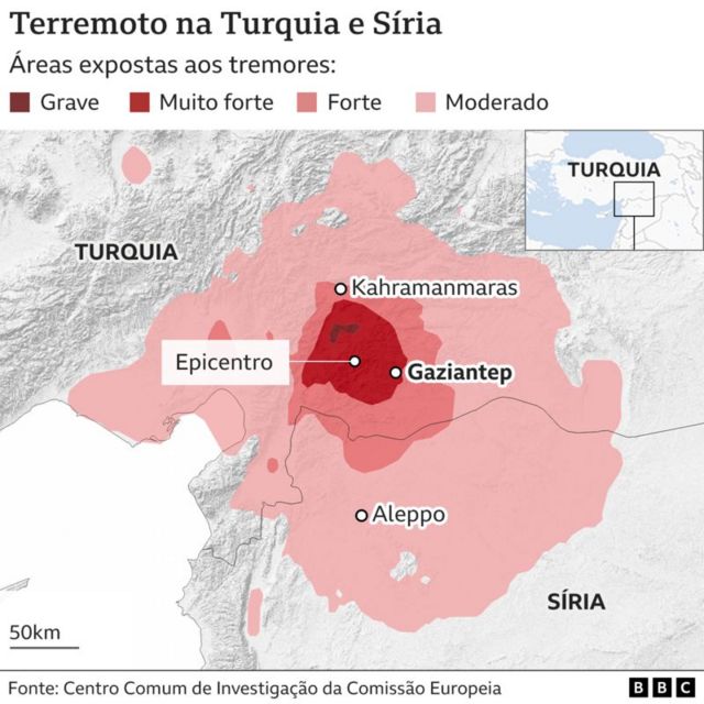 Mapa do terremoto na Turquia e Síria