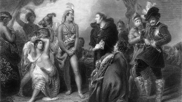 西班牙探险者到达美洲大陆，他们带来的疾病导致美洲数千万原住民死亡。图为西班牙探险者与秘鲁土著酋长见面(photo:BBC)
