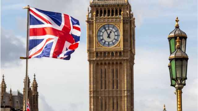Big Ben next to the British flag.