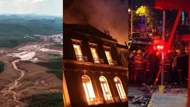 Montagem com fotos de tragédia em Mariana, incêndio no Museu Nacional e incêndio na Boate Kiss