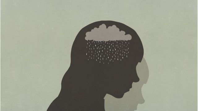 Ilustração de silhueta com nuvem com chuva no lugar do cérebro