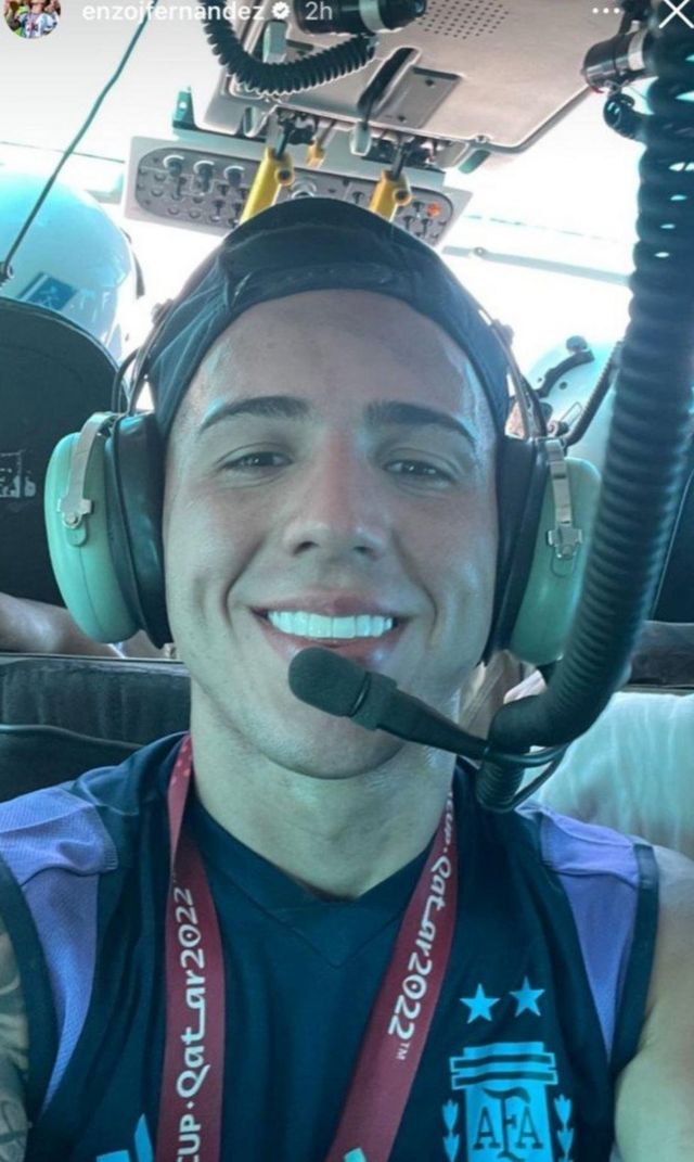 A photo taken by international player Enzo Fernandez of himself from inside the helicopter