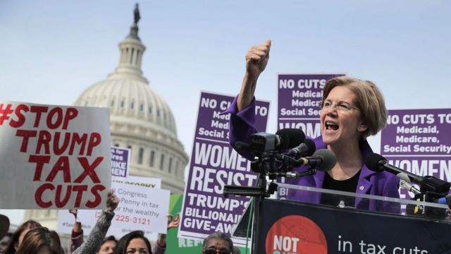 Senator Warren during a protest against tax cuts for the super-rich
