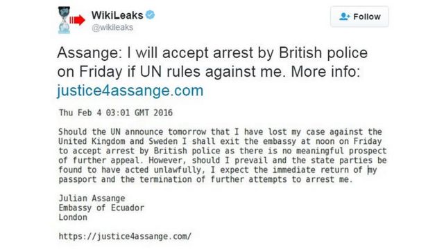 アサンジ氏がツイッター上で公表したコメント