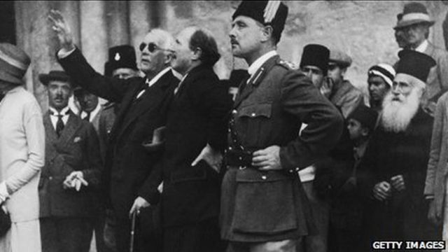 British politician Lord Arthur Balfour (1848 - 1930) points out a feature of the Church of the Holy Sepulchre to Governor Sir Ronald Storrs during a visit to Jerusalem, 9th April 1925. The city's Arab residents were on strike as a protest against the Balfour Declaration supporting plans for a Jewish homeland in Palestine. (Photo by Topical Press Agency/Hulton Archive/Getty Images)