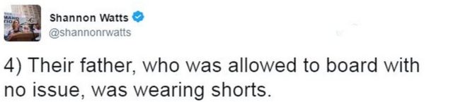 Tweet from Shannon Watts reads: 4) Their father, who was allowed to board with no issue, was wearing shorts.