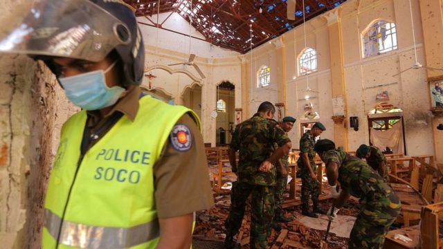 Sri Lankan military inspect St Sebastian church where a bomb blast took place in the town of Negombo, Sri Lanka, on April 22 2019