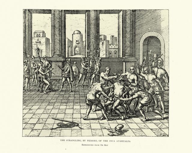 Ilustración del estrangulamiento de Atahualpa