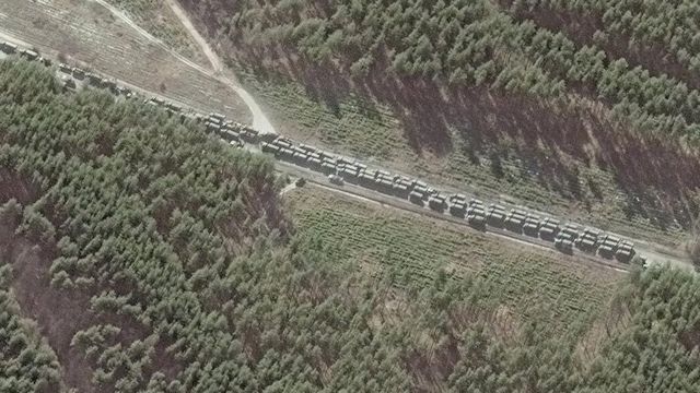 Maxar satellite imagery of the northern end of the convoy with logistics and resupply vehicles, southeast of Ivankiv, Ukraine