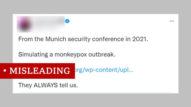 tweet with link to NTI document reading: From the Munich security conference in 2021. Simulating a monkeypox outbreak. They ALWAYS tell us