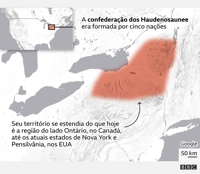 Mapa mostrando a extensão do território haudenosaunee no norte dos atuais EUA e Canadá