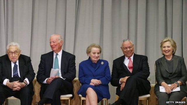 Former Secretaries of State (L-R) Henry Kissinger, James Baker, Madeleine Albright, Colin Powell and Hillary Clinton (September 2014)