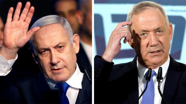 Fotos de arquivo mostram Benjamin Netanyahu (esq.) and Benny Gantz (dir.)