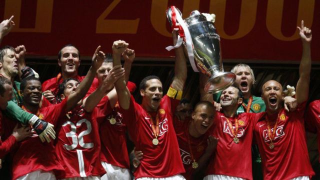 Manchester United players life the Champions League trophy in 2008 