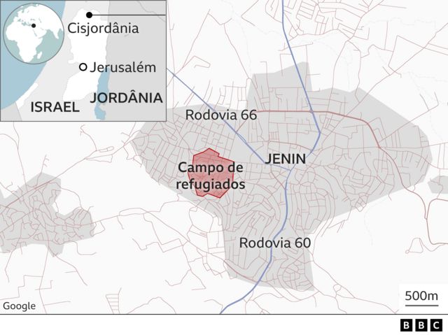 Mapa mostra localização da Cisjordânia e do campo de refugiados de Jenin