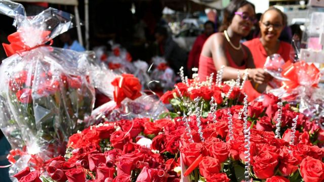 Bouquets of roses are for sale for Valentine's Day at a flower shop in Nairobi on February 14, 2018.