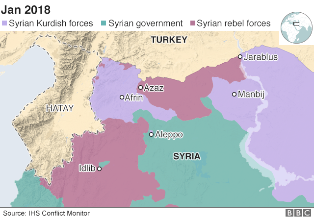 Map of northern Syria and southern Turkey showing the region of Hatay (22 January 2018)