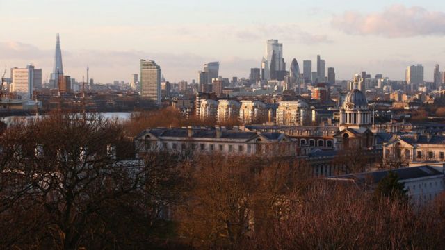 Vista do distrito financeiro de Londres em dezembro