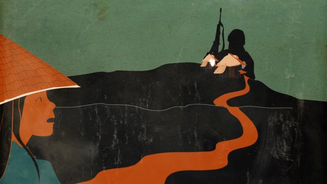 Ilustración de una niña mirando un soldado en su pueblo.