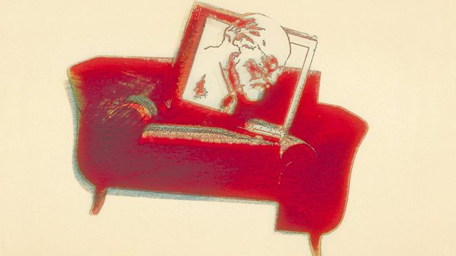 Ilustração do rosto de Sigmund Freud em um divã