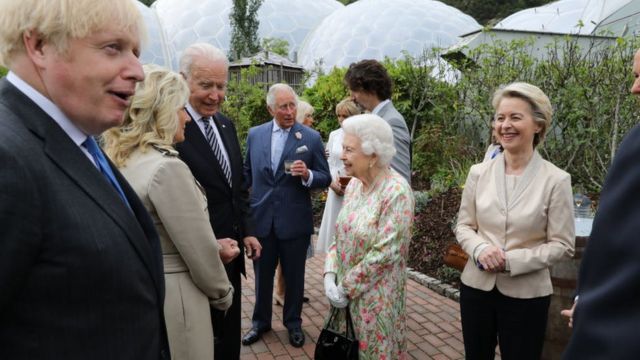 The Queen speaks with Joe Biden and Jill Biden at the Eden Project
