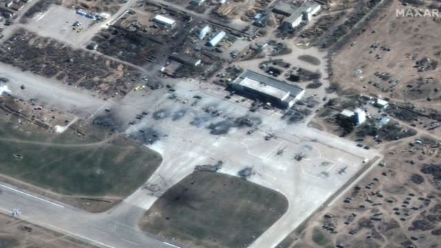 Satellite imagery required the use of Russian helicopters and other equipment at the airfield near Kherson.