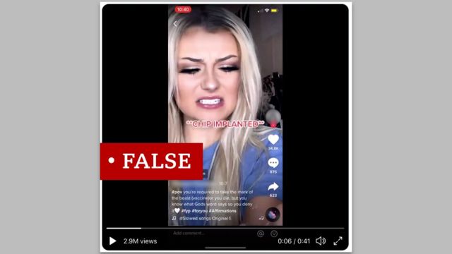 Screenshot of a TikTok video with a "False" label on it. The screenshot shows a woman looking pained with the words **CHIP IMPLANTED** on screen.