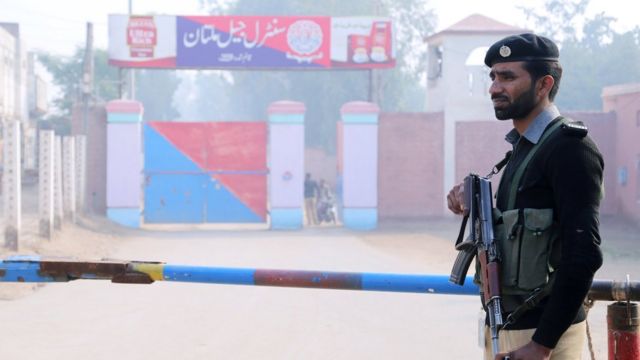 Armed guard outside the Central Jail in Multan