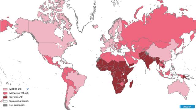 Mapa-múndi da anemia, feito pela OMS